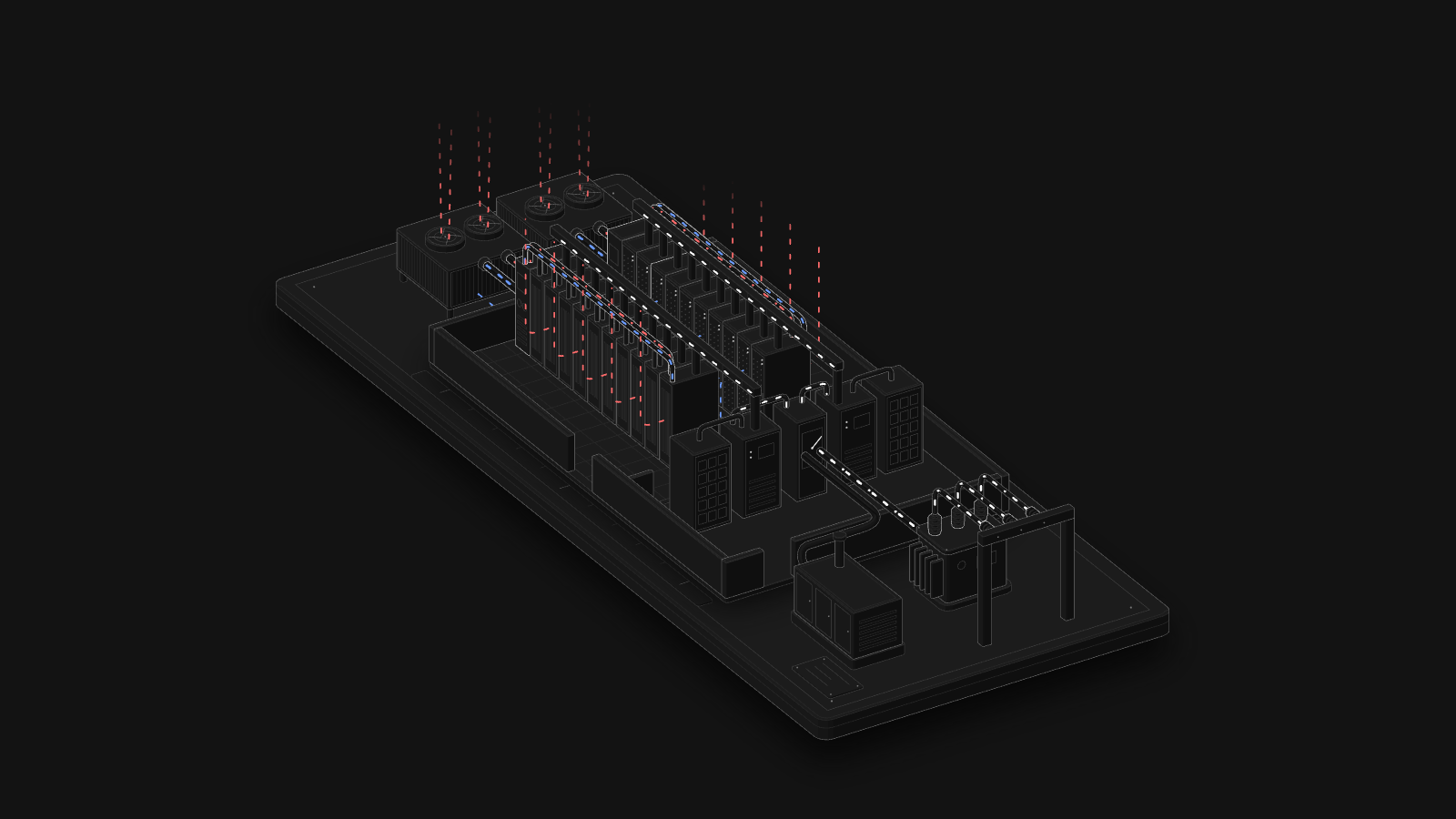 La maquette en coupe du petit datacenter de la figure 1 : deux rangées de racks, la salle électrique, le transformateur, le groupe électrogène et les aérorefroidisseurs, avec les flux de courant, d'eau froide et d'eau chaude.